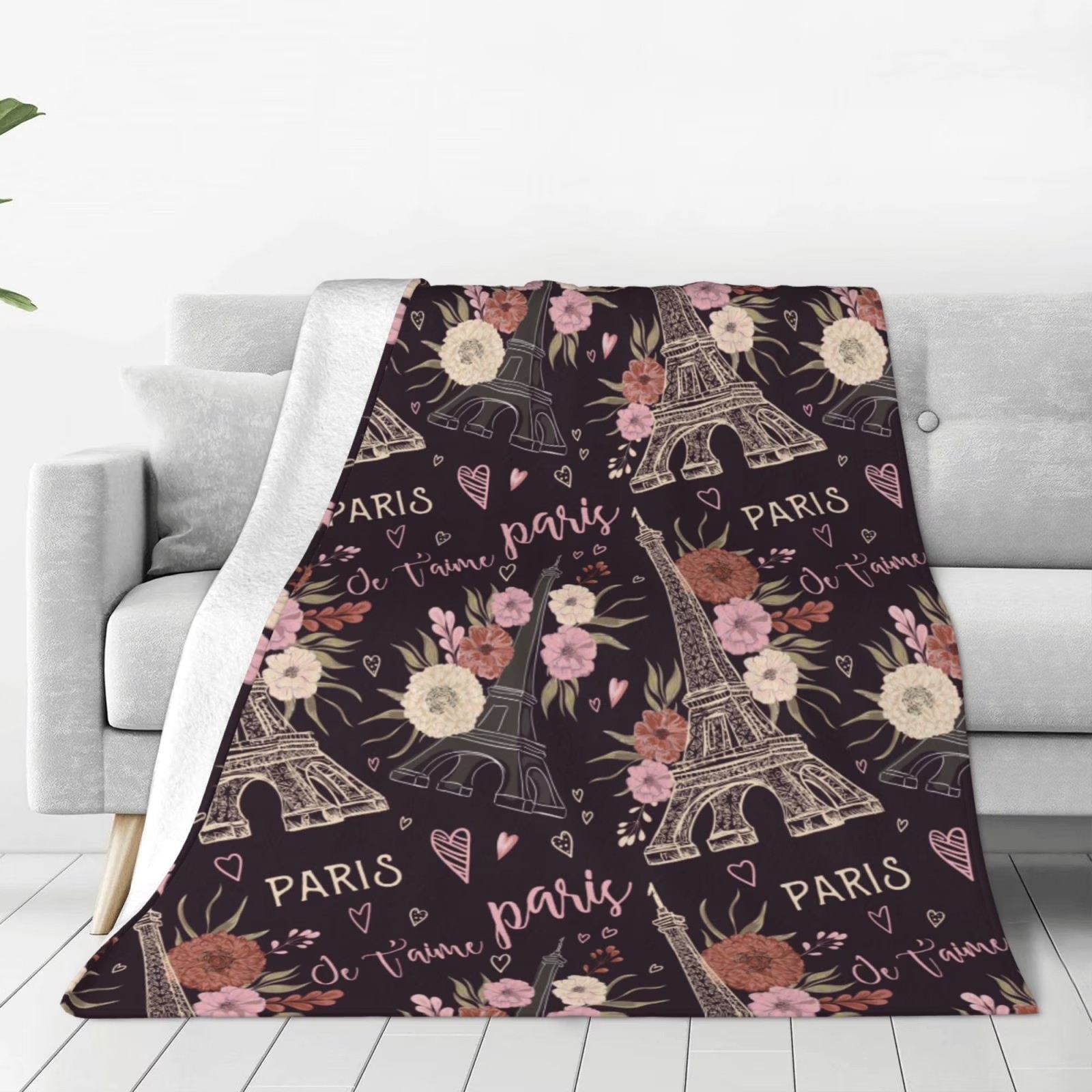 Home Textiles Paris - Romantyczny Paryż Wieża Eiffla Kwiatowy Koc